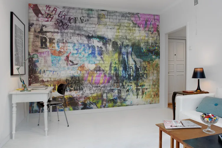 Realistic graffiti wall mural with bricks