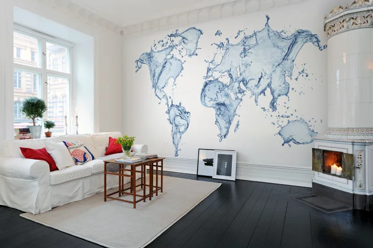 Peinture murale unique de la carte du monde bleue