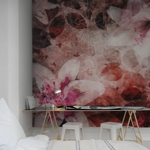 Red flower wall mural with birds
