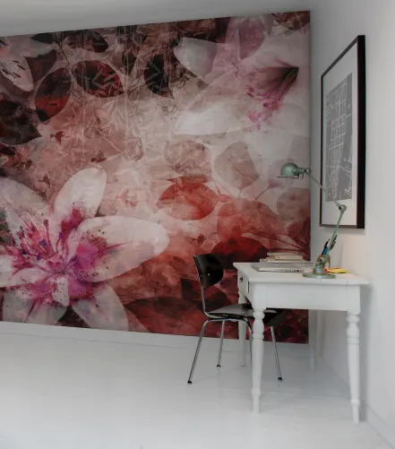 Red flower wall mural with birds