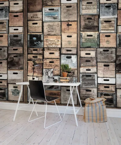 3D wall mural looking like wooden boxes