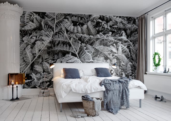 Grayscale wall mural with leaves