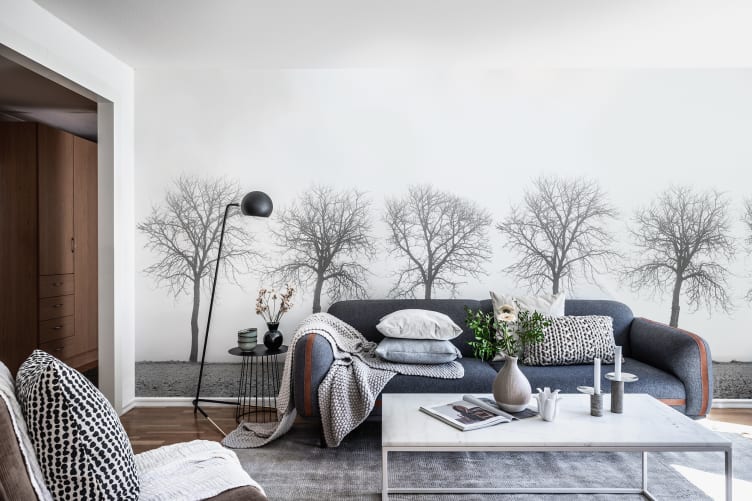 Black and white wall mural with trees