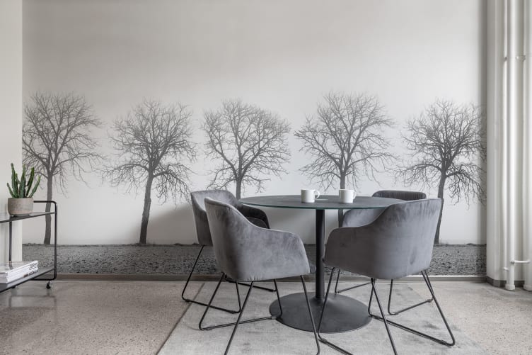 Black and white wall mural with trees