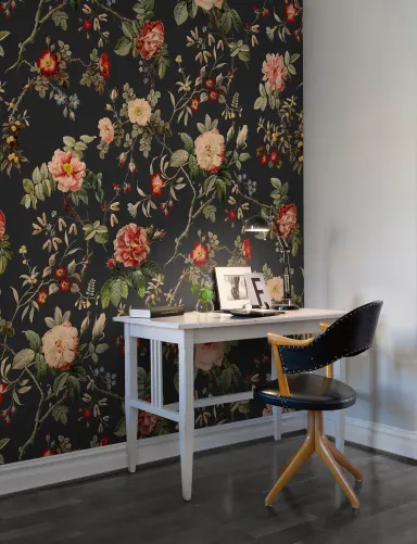 Red flowers and green leaves on dark vintage wallpaper