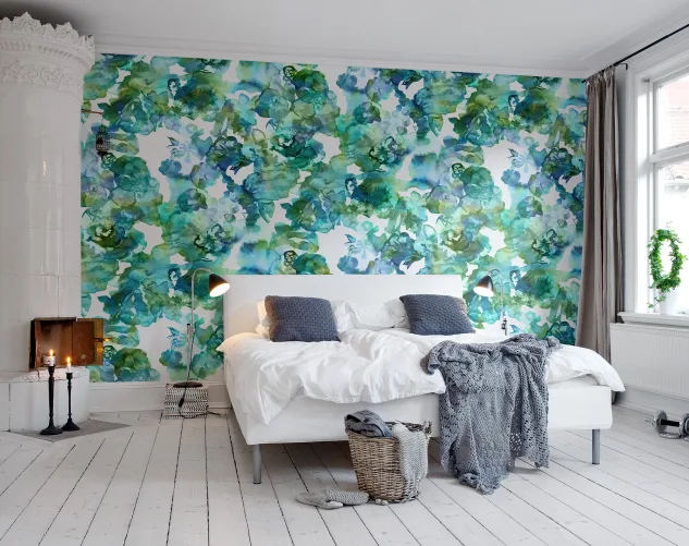 Turquoise, green and aqua wallpaper with aquarelle look