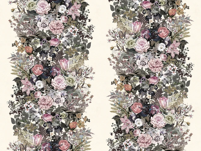 Papel de parede bege com flores e folhas