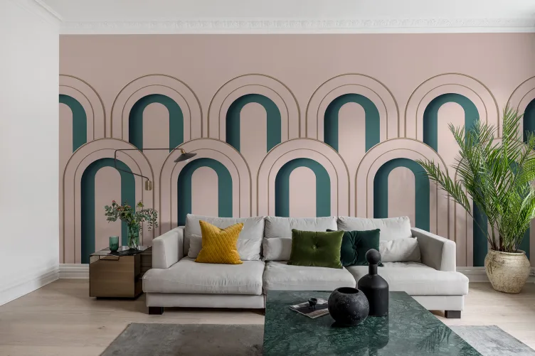 A 3D wall mural in dusty pink adds depth to any room