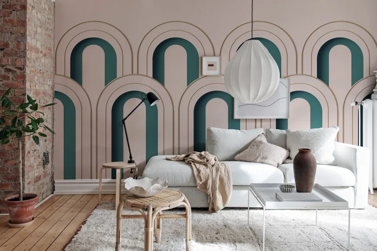 A 3D wall mural in dusty pink adds depth to any room