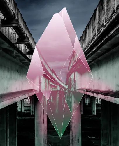 Un mural de pared futurista con un diamante flotante brillante