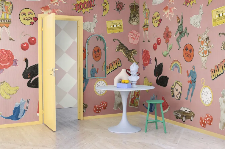 Playful patchwork wallpaper pattern