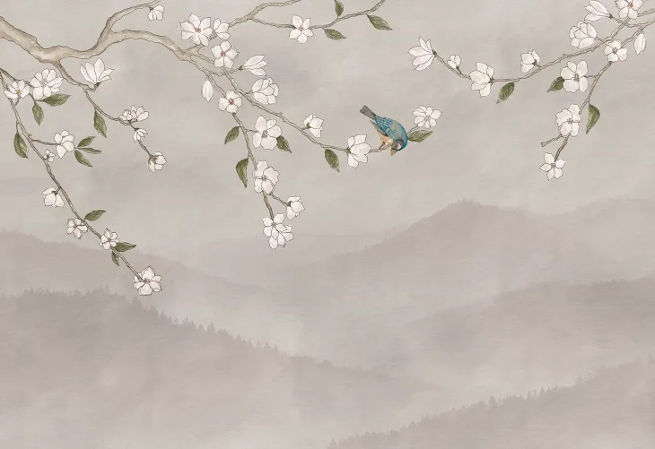 Tranquil Blooms and Feathered Friend