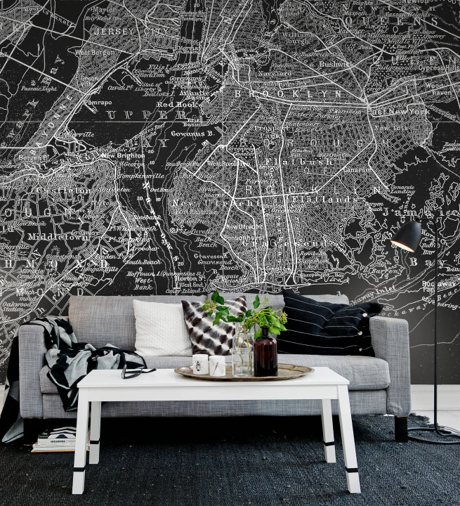 Grafische monochrome kaart op muurschildering