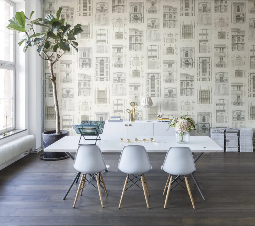 Vintage behang met tekeningen van gebouwen