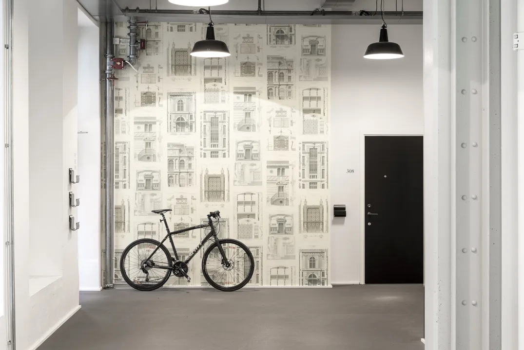 Vintage wallpaper with drawings of buildings