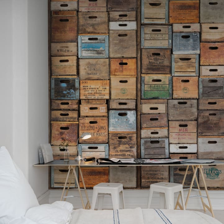 3D wood wall mural with stacked boxes