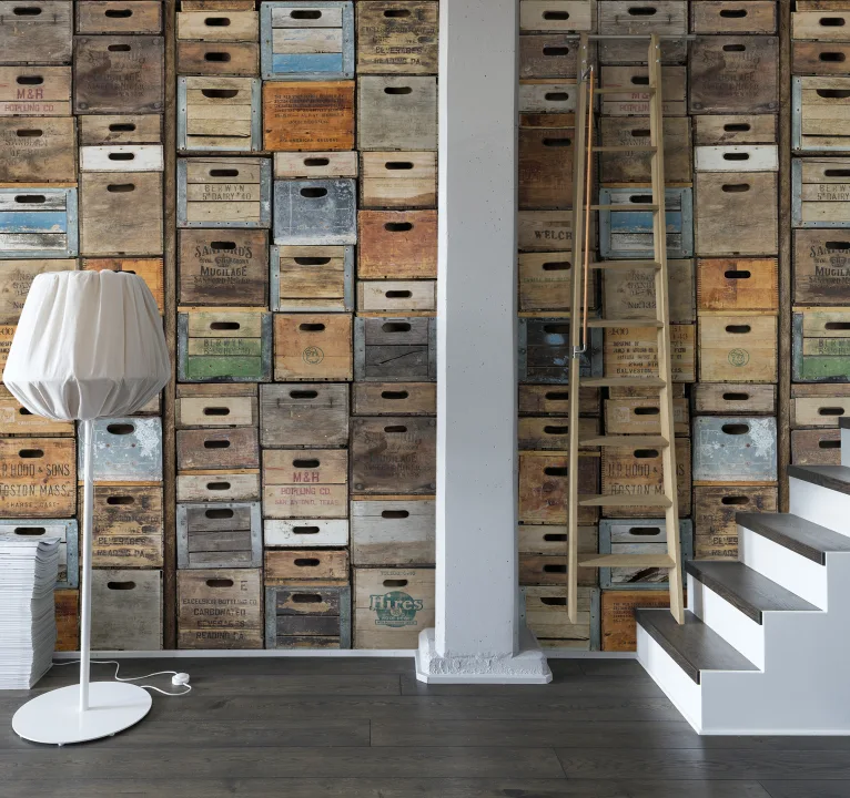 3D wood wall mural with stacked boxes