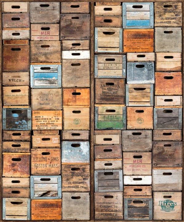 3D wood wall mural with stacked boxes