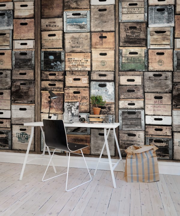 3D wall mural looking like wooden boxes