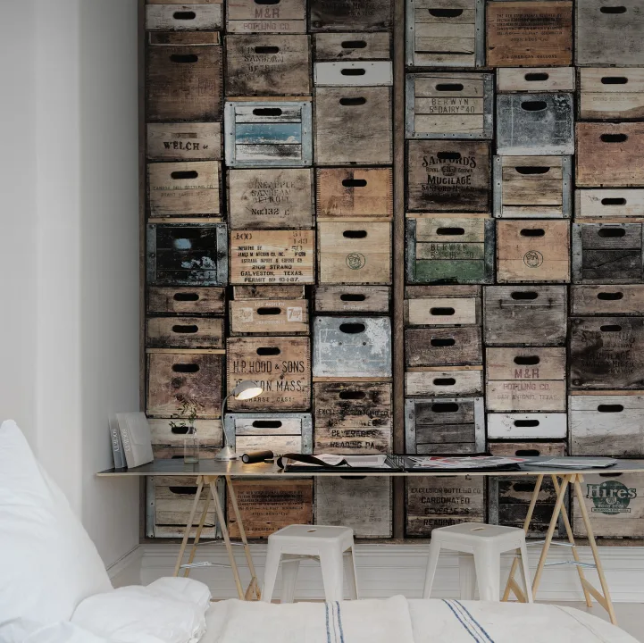 3D wall mural looking like wooden boxes
