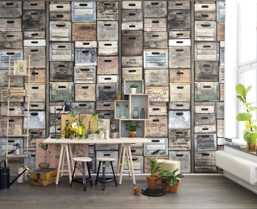 3D wall mural looking like wooden boxes