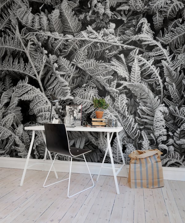 Grayscale wall mural with leaves