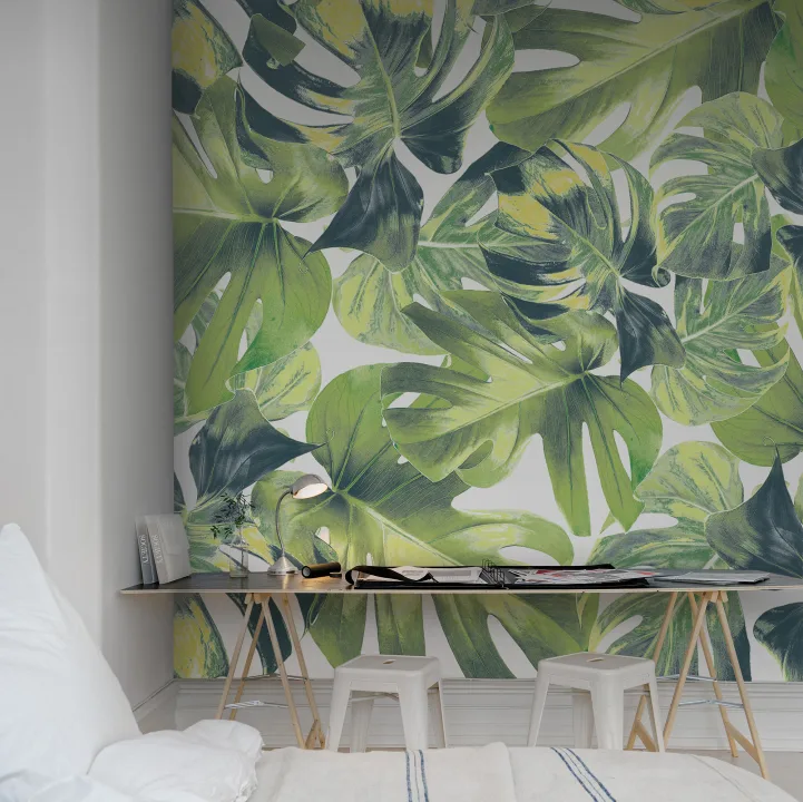 Jungle muurschildering met monstera bladeren