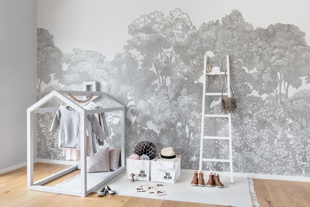 Enchanting gray wallpaper with a stunning forest scene