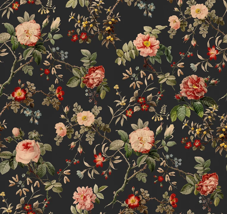 Röda blommor och gröna blad på mörk vintagetapet