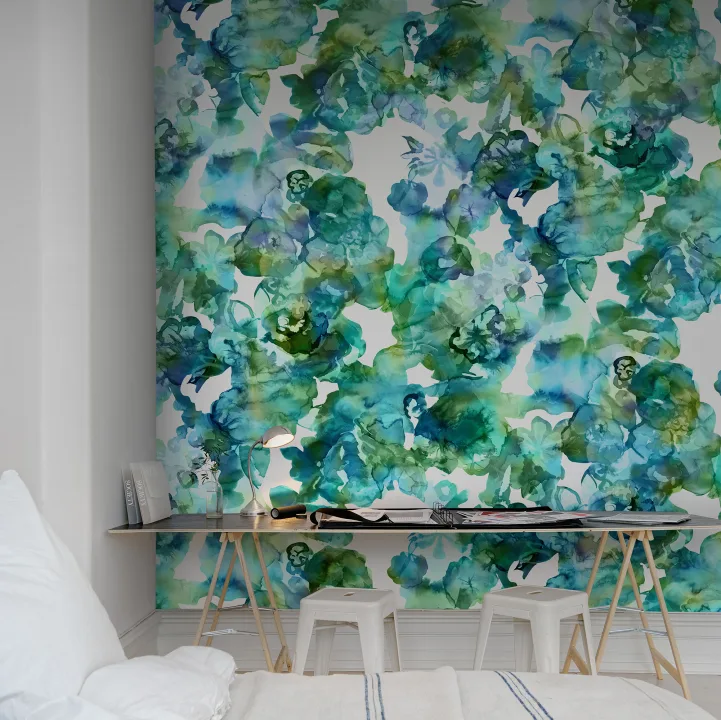 Turkoois, groen en aqua behang met aquarel look