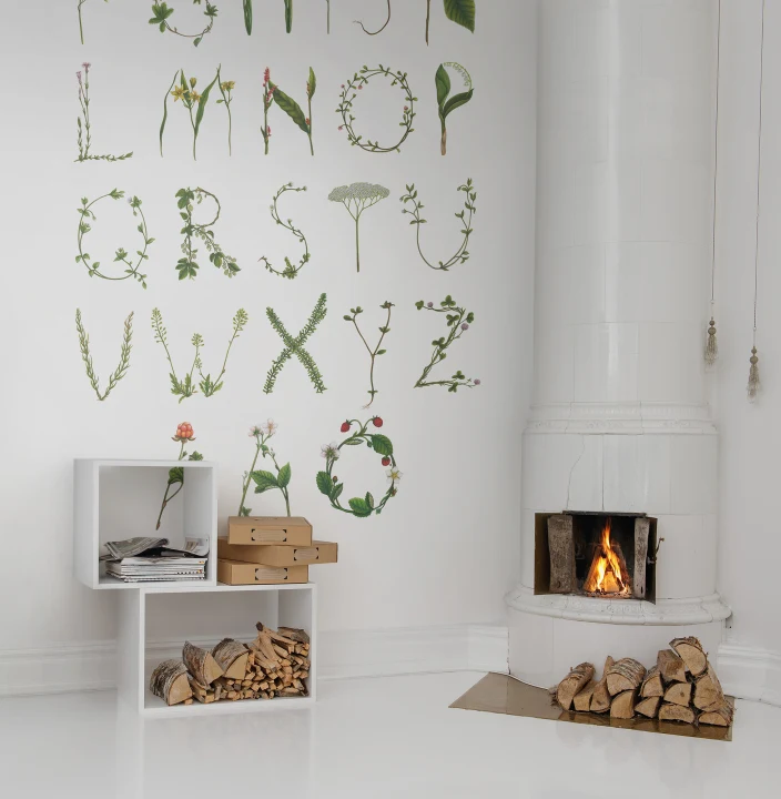 Wallpaper with writing in the form of a leaf alphabet