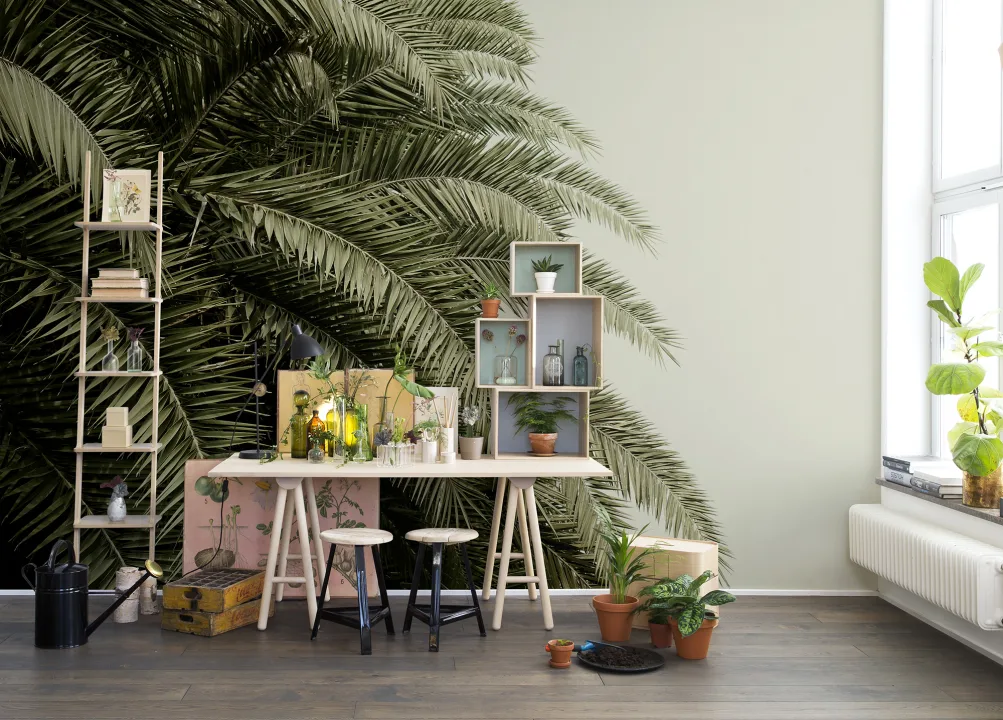 Create a lush green oasis with jungle motif wall mural