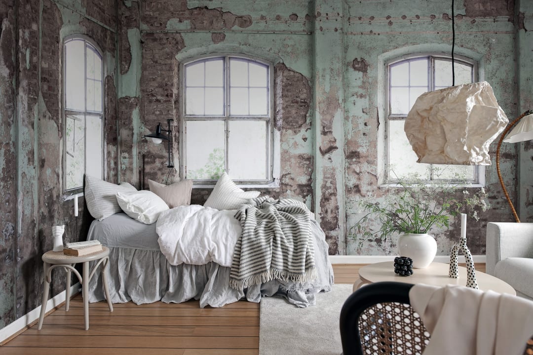 Let the light in with this beautifully worn wall mural