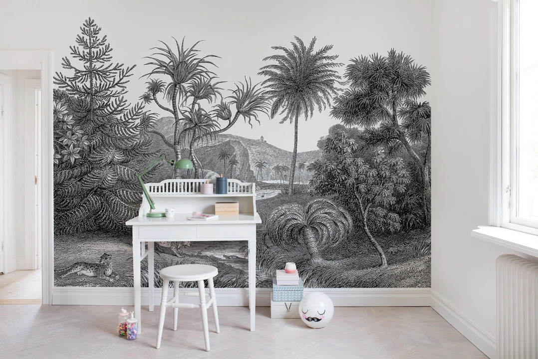 WALL MURAL REMINISCENT OF COPPERPLATE PRINTS