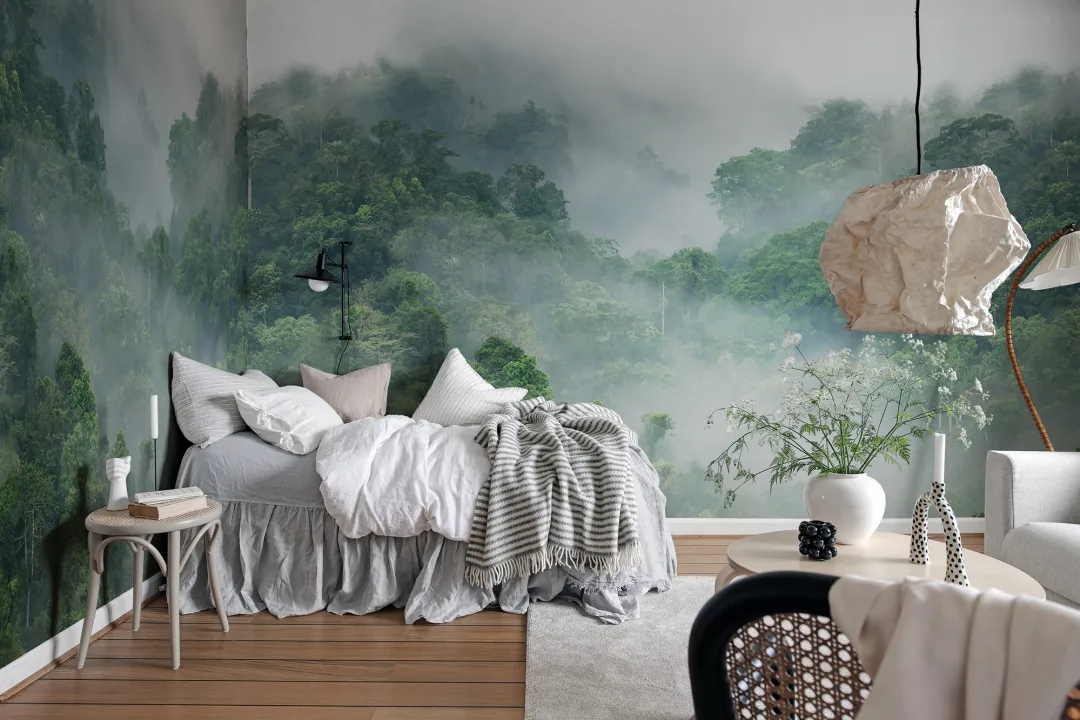 A lush rainforest wall mural