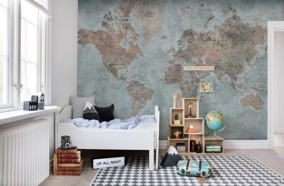 A world map wallpaper mural for the globetrotters
