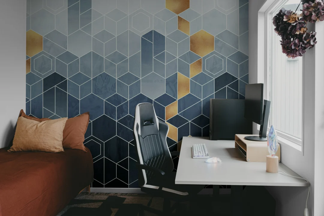 Art Deco wall mural in shades of blue with a golden twist