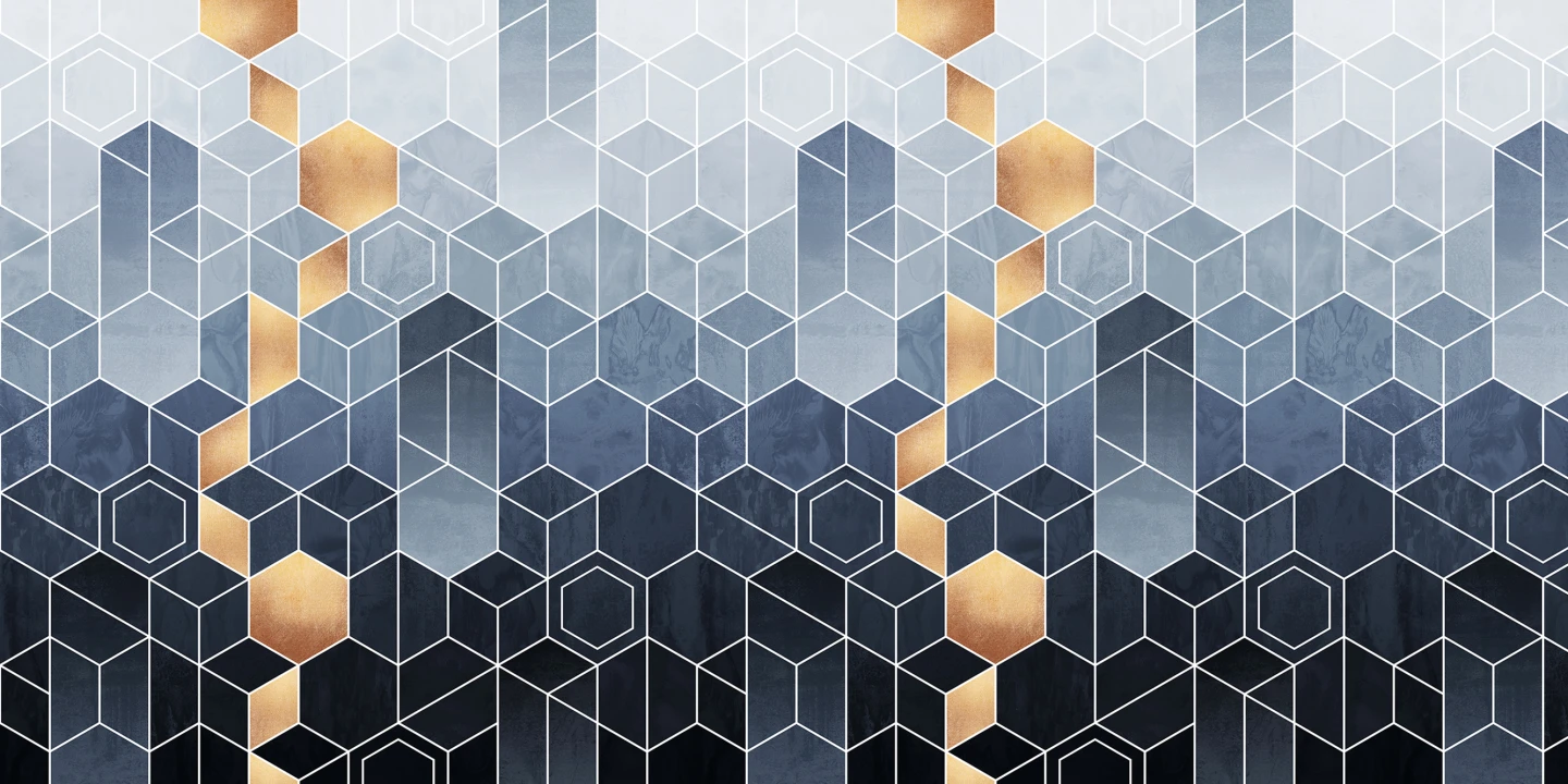 Art Deco mural met meerdere tinten blauw en een gouden twist.