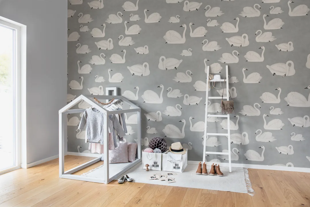 Gray wallpaper with white swans