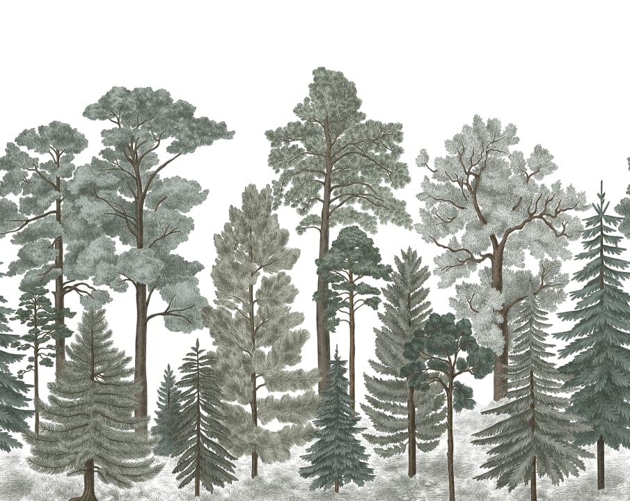Carta da parati a tema foresta dipinta a mano in delicate tonalità di verde