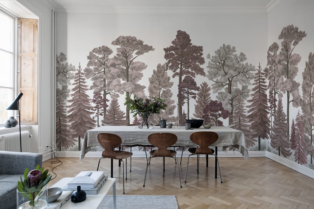 Papier peint forêt dans une palette de couleurs rose poudré