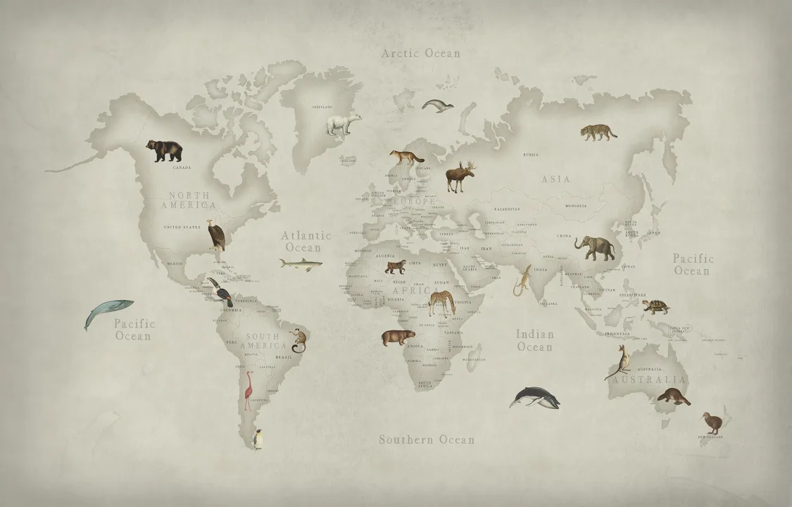 Dieren wereldkaartbehang