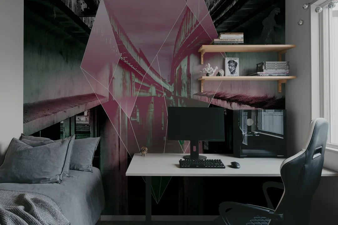 Futuristički zidni mural sa svjetlećim, lebdećim dijamantom