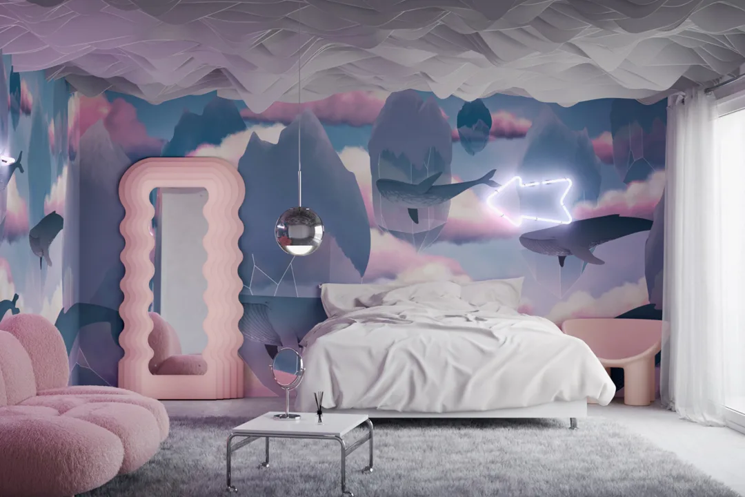 A dreamy wallpaper with floating wales among the clouds