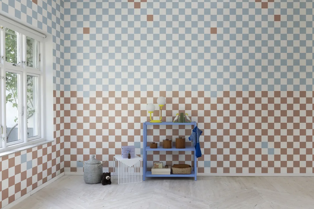 Papel pintado a cuadros naranjas y azules