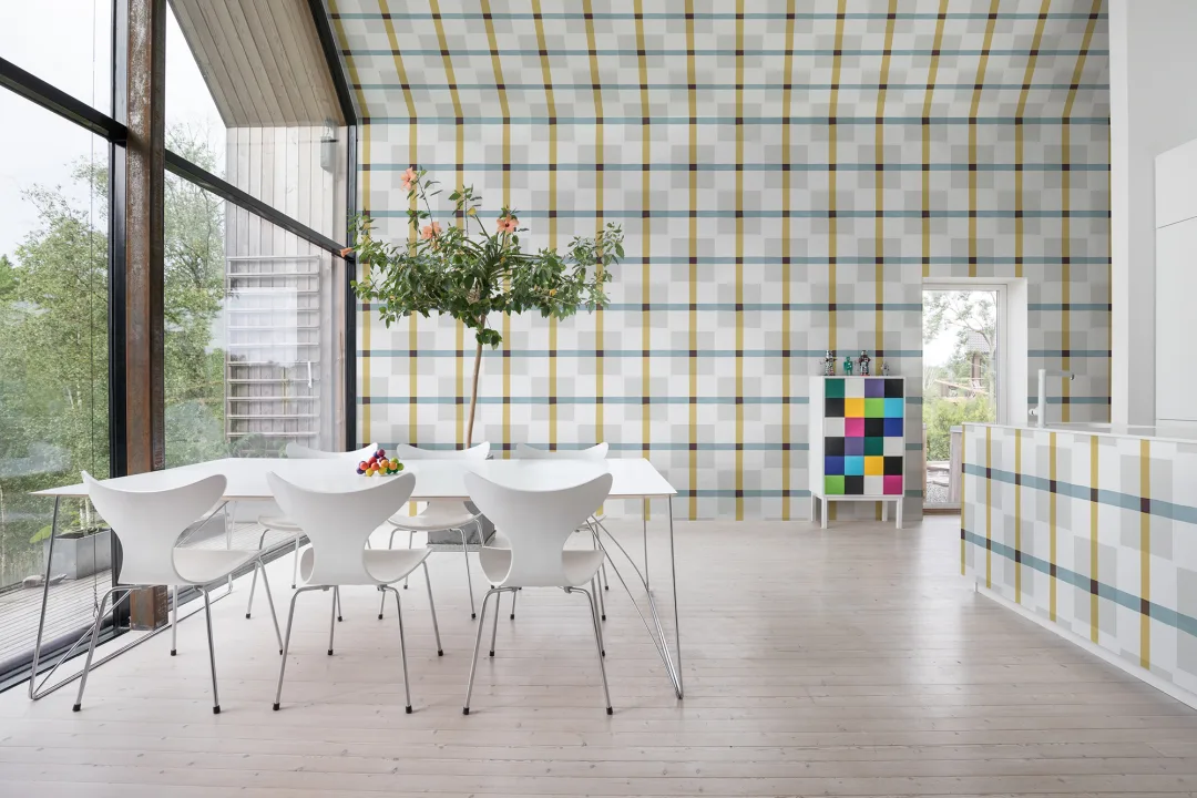 Geel en grijs maximalistisch behang