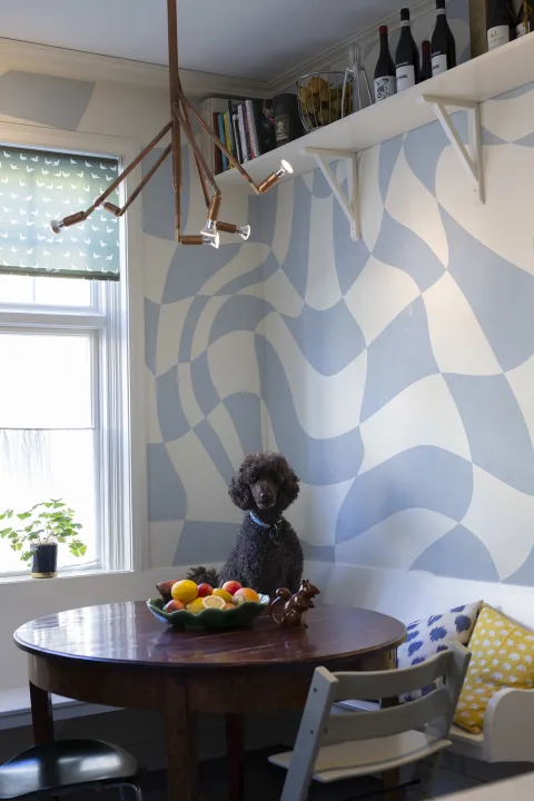 Blue checkered maximalist wallpaper