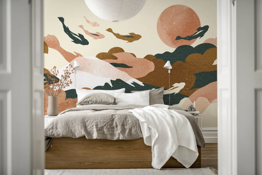 Koi Fishes Soaring Over Cloudy Mountains