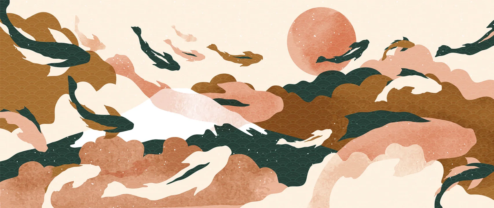 Koi Fishes Soaring Over Cloudy Mountains