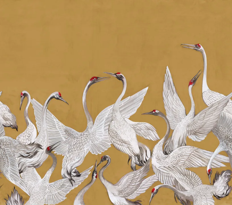 Kraanvogels op gele achtergrond